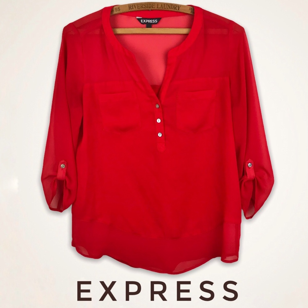 Express Red Pullover Blouse With Tabbed Sleeves Xs - image 1
